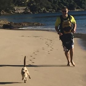 Gus joins his human, Glenn Druery, on a beach run. 