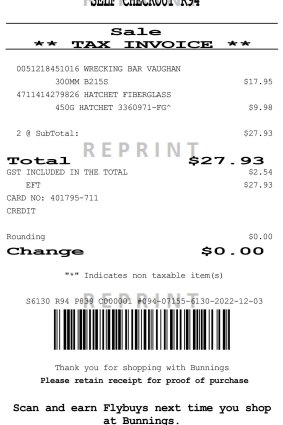 The Bunnings receipt for the axe purchased by Dinush Kurera.
