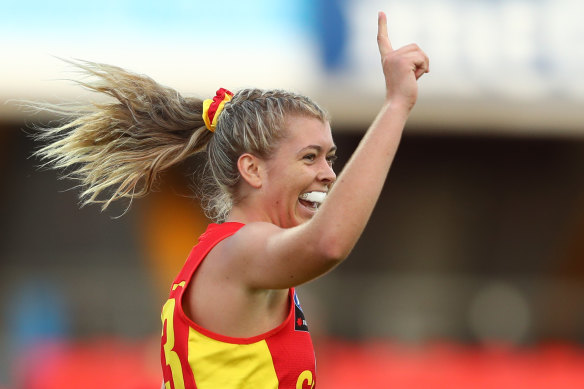 Kalinda Howarth of the Suns celebrates a goal.