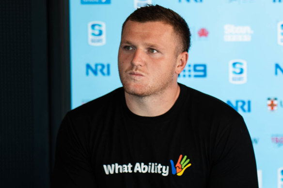 Angus Bell, a What Ability ambassador, speaks to the media at Waratahs HQ.