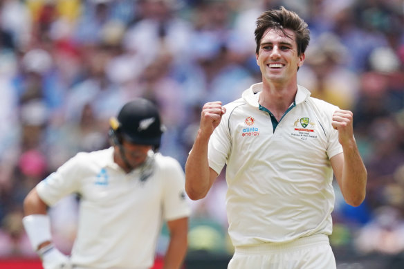 Pat Cummins celebrates his fifth wicket on day three of the Boxing Day Test.