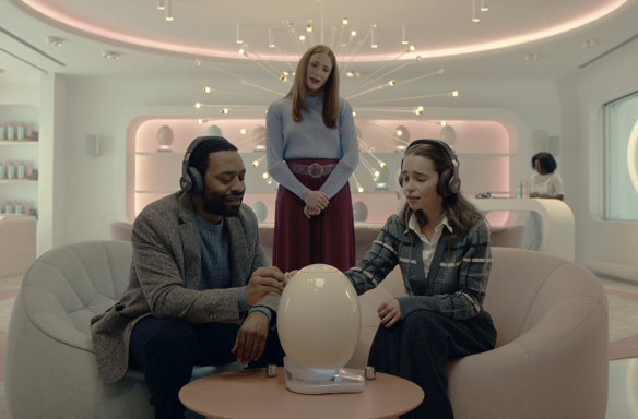 Chiwetal Ejiofor, from left, Rosalie Craig and Emilia Clarke appear in a scene from The Pod Generation, a film directed by Sophie Barthes.