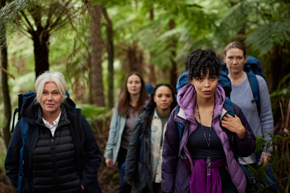 A corporate hiking retreat sparks the action in Force of Nature: The Dry 2. From left: Deborra-Lee Furness, Robin McLeavy, Sisi Stringer, Lucy Ansell and Anna Torv.