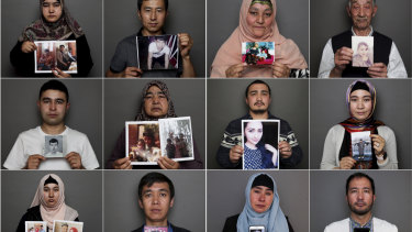 Uighurs in Australia hold up photos of relatives who are in internment camps, are missing or have passed away.