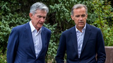 Federal Reserve chairman Jerome Powell with Bank of England Governor Mark Carney at the Jackson Hole symposium.