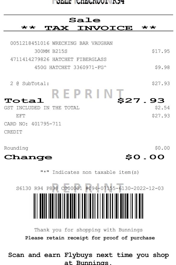 The Bunnings receipt for the axe purchased by Dinush Kurera.