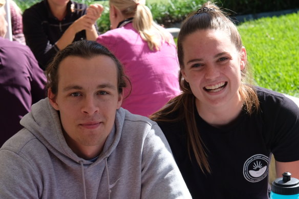 Jarrod Johnstone and Cambridge McCormick in the quadrangle at CSU in Port Macquarie.