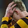 Hawthorn captain James Sicily reacts after hitting the post in a crucial kick during the 2024 semi-final against Port Adelaide.