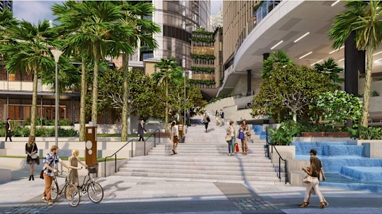 The ‘Brisbane Stairs’ under construction as part of Queen’s Wharf Brisbane. They lead from the main retail centre of the resort and casino down to the Brisbane River.