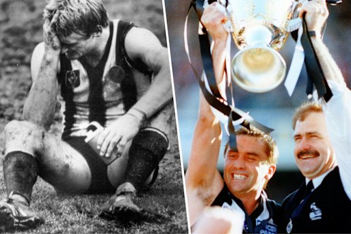 A shattered Peter Moore after the 1979 grand final. Tony Shaw and Leigh Matthews hold up the premiership cup in 1990,...