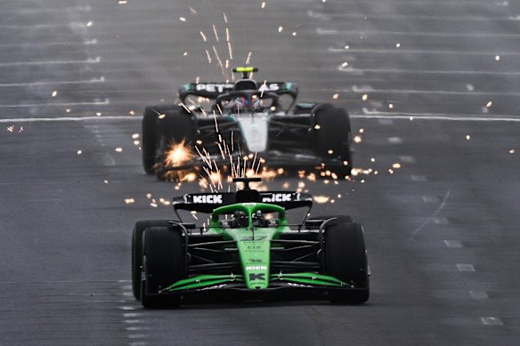 Sparks fly off the car of Nico Hulkenberg.