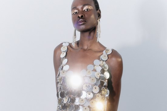 H&M x Rabanne dress, $399.
Rabanne earrings, $645, from Parlour X.