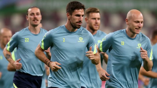 Australia players attend a training session ahead of the FIFA 2022 World Cup Qualifier in Khalifa International Stadium.