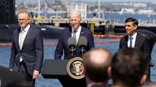 Prime Minister Anthony Albanese, President of the United States Joe Biden and Prime Minister of the United Kingdom Rishi Sunak arrive for the AUKUS announcement.