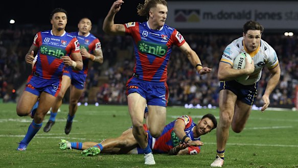 Mitchell Moses scores against the Knights in 2024 following his recovery from a foot injury.