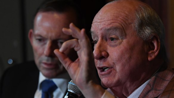 Sydney radio host Alan Jones, with close ally Tony Abbott, at the launch of a book 'How Political Correctness is Destroying Australia' in June.
