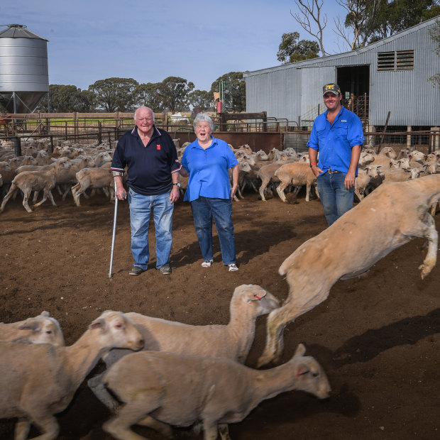 Charlie and Judy Hocking and young farmer Jeremy Collins the farm in Tandarra.