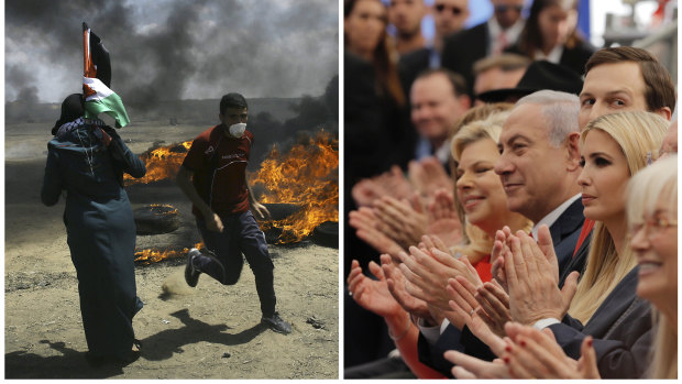 In this photo combination, Palestinians protest near the border of Israel and the Gaza Strip, left, and on the same day dignitaries, from left, Sara Netanyahu, her husband Israeli Prime Minister Benjamin Netanyahu, Jared Kushner and  Ivanka Trump, applaud at the opening ceremony of the new US embassy in Jerusalem.