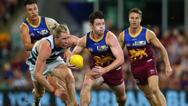Fairest and best: 2020 Brownlow Medal winner Lachie Neale on the run for Brisbane during the Lions' preliminary final loss to the Cats on Saturday night.