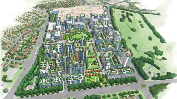 An artist’s impression of the mixed-use precinct from above.