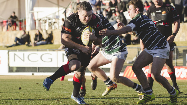 Eagles No.8 Rocky Iloahia crashes over for the match-sealing try at Viking Park on Sunday. 