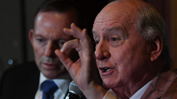 Sydney radio host Alan Jones, with close ally Tony Abbott, at the launch of a book 'How Political Correctness is Destroying Australia' in June.