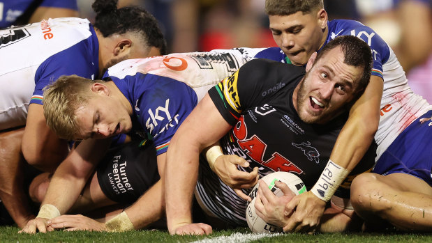 Penrith co-captain Isaah Yeo scores in a Friday 6pm match against the Warriors.