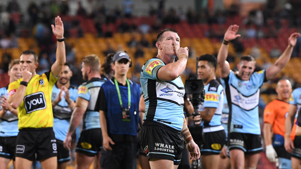 Shoosh: Paul Gallen silences the Suncorp crowd after converting his own try after the full-time siren.