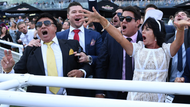 Bert Vieira (left) and his wife Gai celebrate after Trapeze Artist won the Schweppes All Aged Stakes in April.