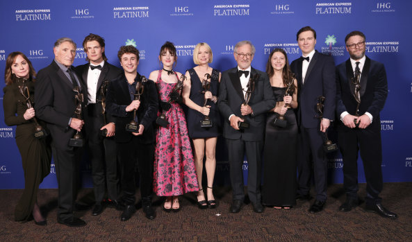 The cast and crew of  The Fabelmans at the Palm Springs International Film Festival Awards. Sam Rechner is third from left.