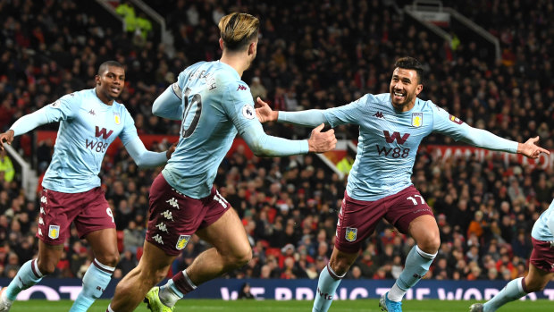 Trezeguet of Aston Villa celebrates after he appeared to score his side's second goal, which was then ruled out by a VAR decision.