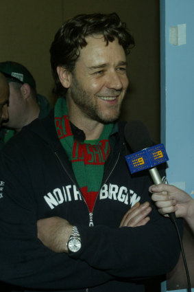 Russell Crowe all smiles after Souths' win over the Roosters in 2005.