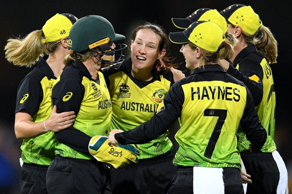 Australia's women celebrate the wicket of Dane Van Niekirk en route to yet another T20 World Cup final.