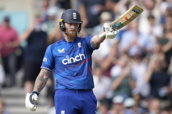 Ben Stokes acknowledges the adoring crowd at The Oval after raising his 150.