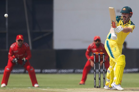 Batsman Travis Head plays a shot in the second ODI against Zimbabwe.