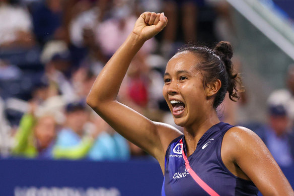 Leylah Fernandez celebrates after victory over Angelique Kerber.