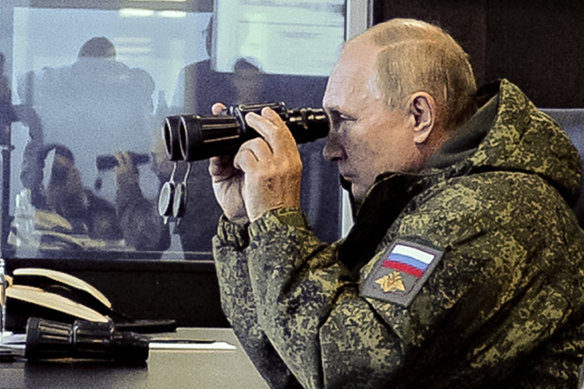 Russian President Vladimir Putin watches military exercises in far eastern Russia, outside Vladivostok, in September 2022.