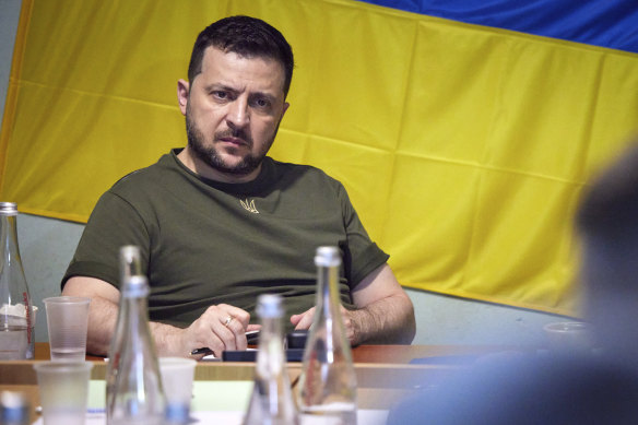 Ukrainian President Volodymyr Zelensky at a meeting with military officials in the war-hit Mykolaiv region.
