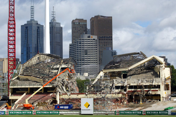 The members’ pavilion at the MCG when it was torn down in 2004.