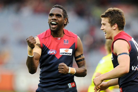 Liam Jurrah celebrates a goal in 2011.