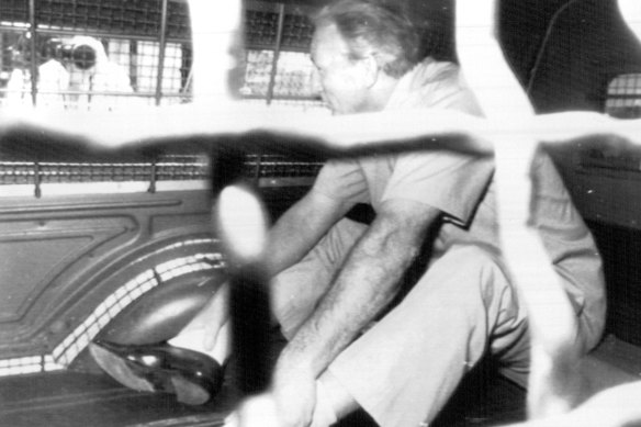 Tom Uren sits in the back of a police van after being arrested in Brisbane in January 1979, one of several encounters with the regime of Joh Bjelke-Petersen.
