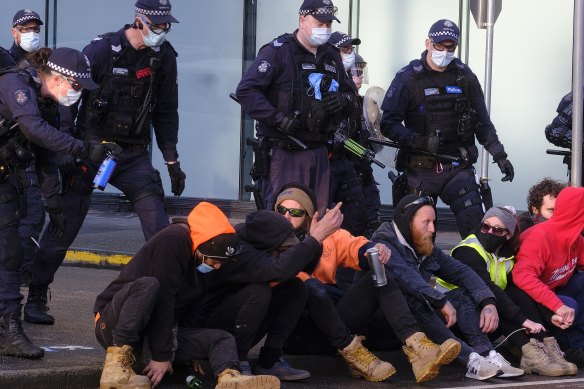 Protesters in the Melbourne lockdown in September.
