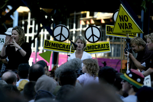 Natasha Stott-Despoja addresses the anti-war demonstration outside the State Library.