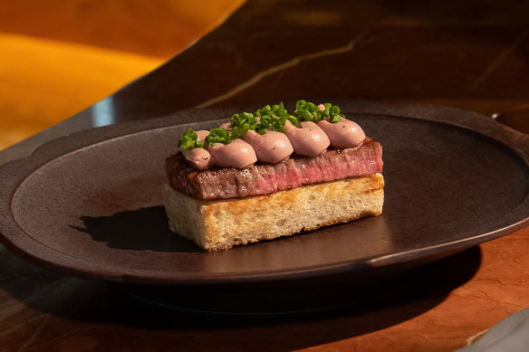 Forged parfait atop a Hokkaido wagyu sando at Mori.
