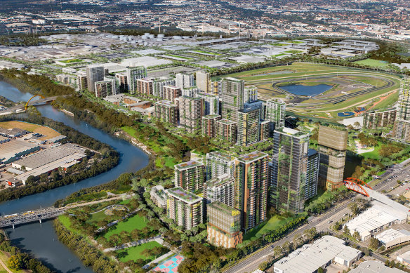 The government’s vision for Camellia-Rosehill, as revealed in the artist’s impression in its November 2022 “place strategy”.