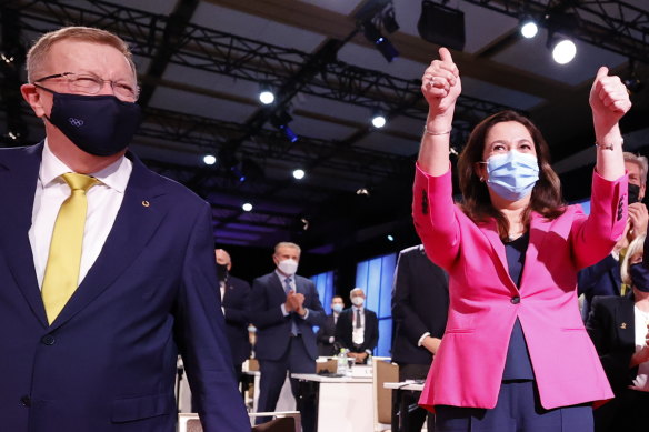 John Coates, president, Australian Olympic Committee, with Premier Annastacia Palaszczuk at announcement in Tokyo on Wednesday night of the 2032 Brisbane Games.