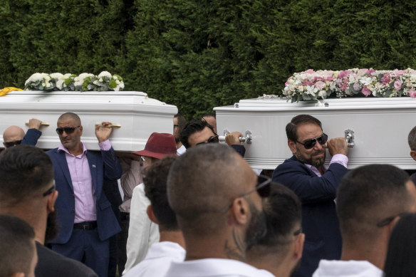 The caskets of Antony, Angelina and Sienna Abdallah at Our Lady of Lebanon Co-Cathedral in Harris Park.