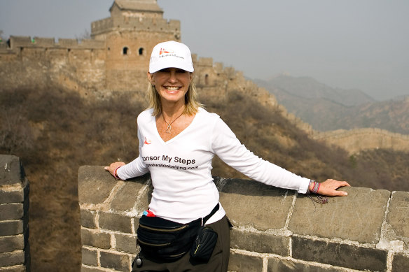 Olivia Newton-John on the Great Wall of China during a cancer research fundraising walk in 2008.