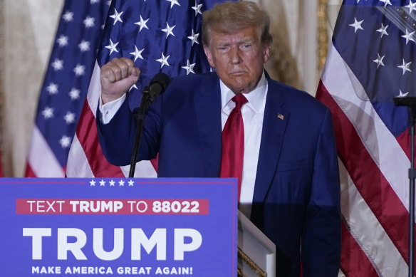 Trump gestures as he speaks at his Mar-a-Lago estate.