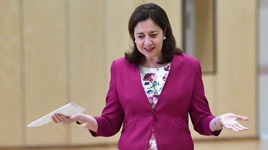 Queensland Premier Annastacia Palaszczuk is seen during a press conference at Kelvin Grove State College in Brisbane, Monday, May 4, 2020. Premier Palaszczuk announced that from May 11, Queensland’s kindergarten, Prep, Year 1, 11 and 12 students will go back to school, and the government announced their intention of sending all students back to school on May 25. 
